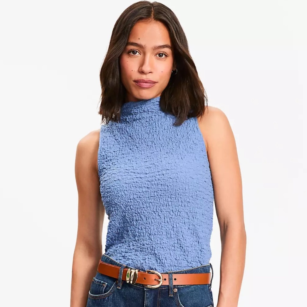 NWT LOFT Petite Puckered Mock Neck Top in Precious Sapphire, Size Petite Small